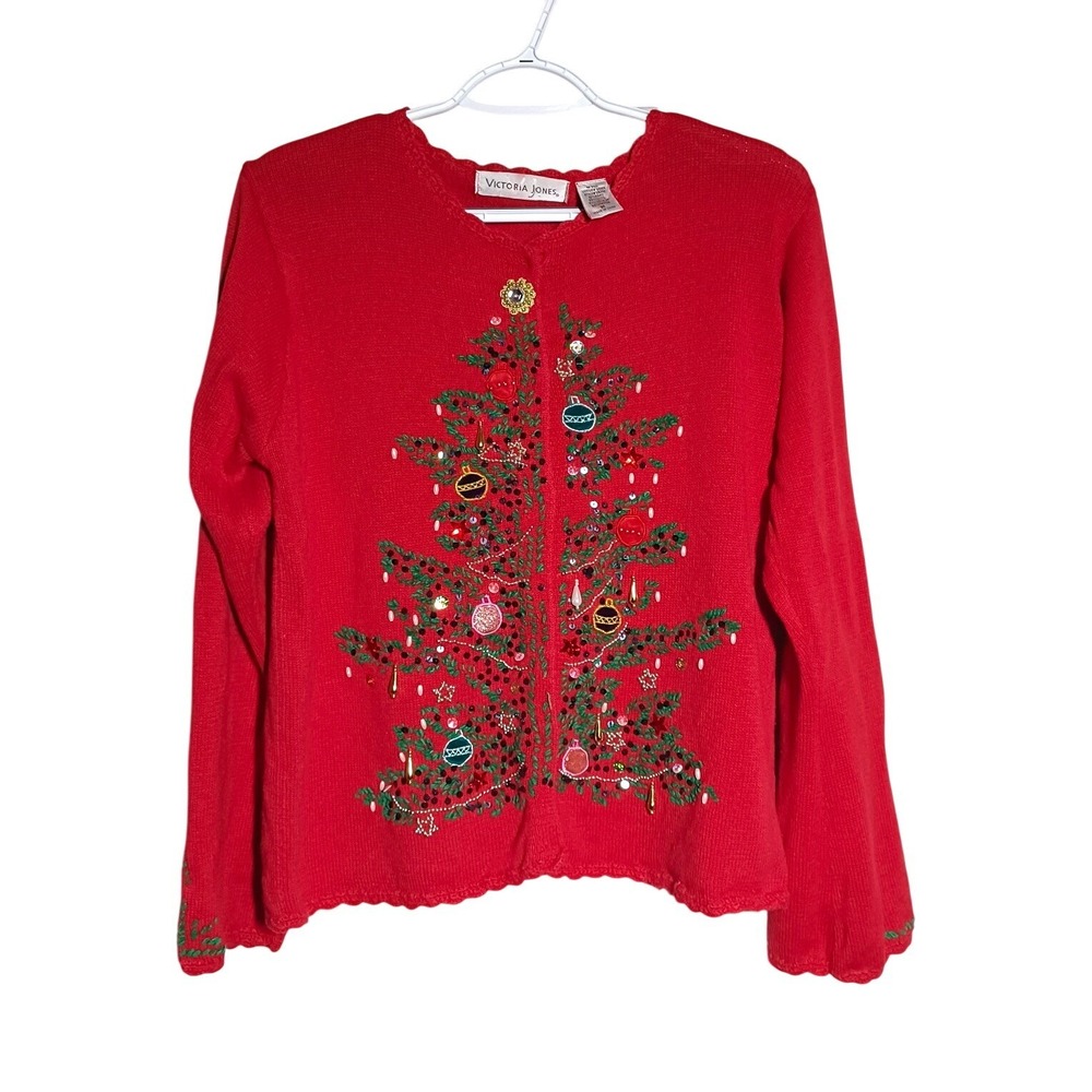 Victoria Jones Red Knit Cardigan Button Sweater Christmas Tree Beaded Sequin M
